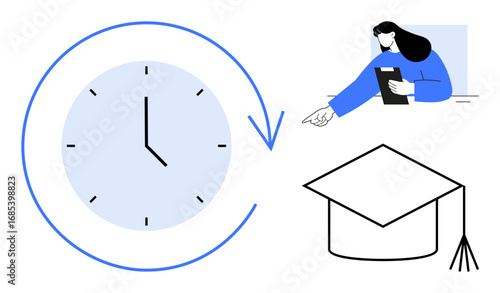 Clock with arrow symbolizing time, graduation cap for education, woman pointing while holding book. Ideal for education, learning, time management, career planning, growth, deadlines simple landing