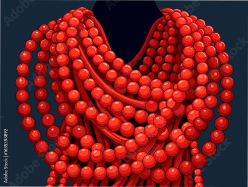 Abstract illustration of cascading red beads with flowing strands