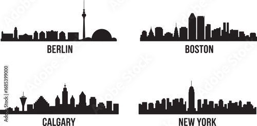 Cityscape Silhouettes Collection Berlin Boston Calgary New York Urban Skyline Vector Art