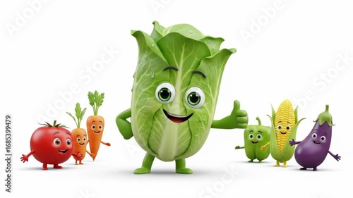 A cheerful vegetable squad, including a leafy green cabbage, carrots, tomato, corn, eggplant, and a pepper, all with smiling faces, thumb-up