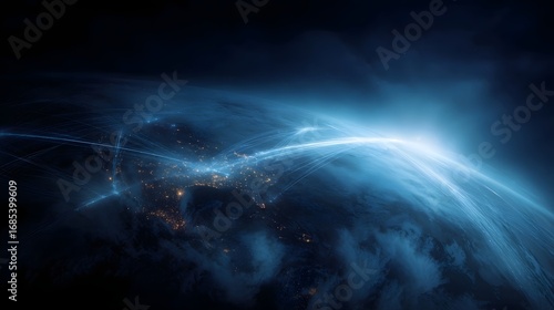 Digital network of light trails illuminate the Earth s surface at night symbolizing global communication and connectivity