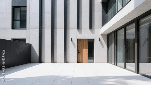 Modern minimalist building facade with a central wooden door and large glass windows.