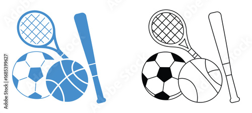 Collection of  sports icons  football basketball baseball bat tennis racket silhouette