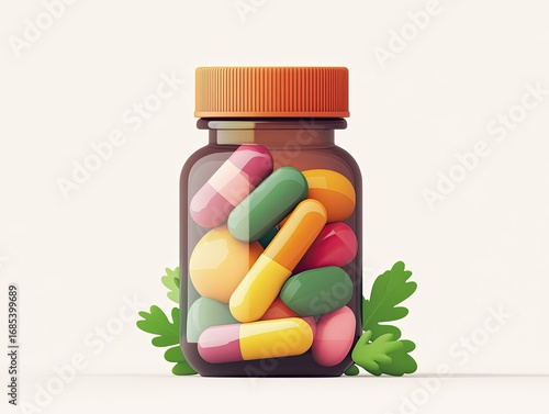 Cartoonish 3D Icon of Healthy Lifestyle, Vitamin Bottle and Supplement Pills