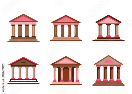 A set of different stylized bank or government buildings with classical architecture