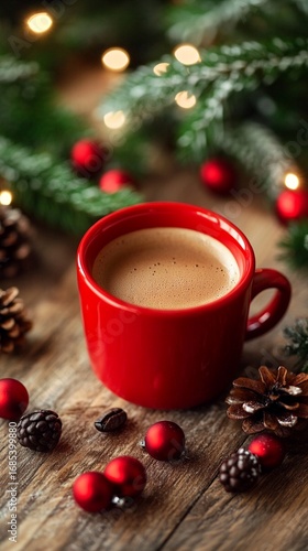 Cozy Christmas morning scene with steaming red coffee mug surrounded by festive pine branches, twinkling lights, and rustic holiday decorations on weathered wooden surface