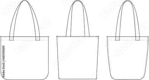 CAD drawing flat vector illustration showing three different basic tote bag designs for sewing, crafting, pattern, fashion, and design use