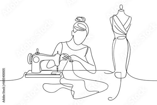 Artist s sketch of a seamstress working at a sewing machine next to a mannequin