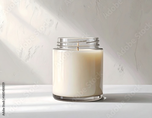 Cream candle in glass jar, sunlight