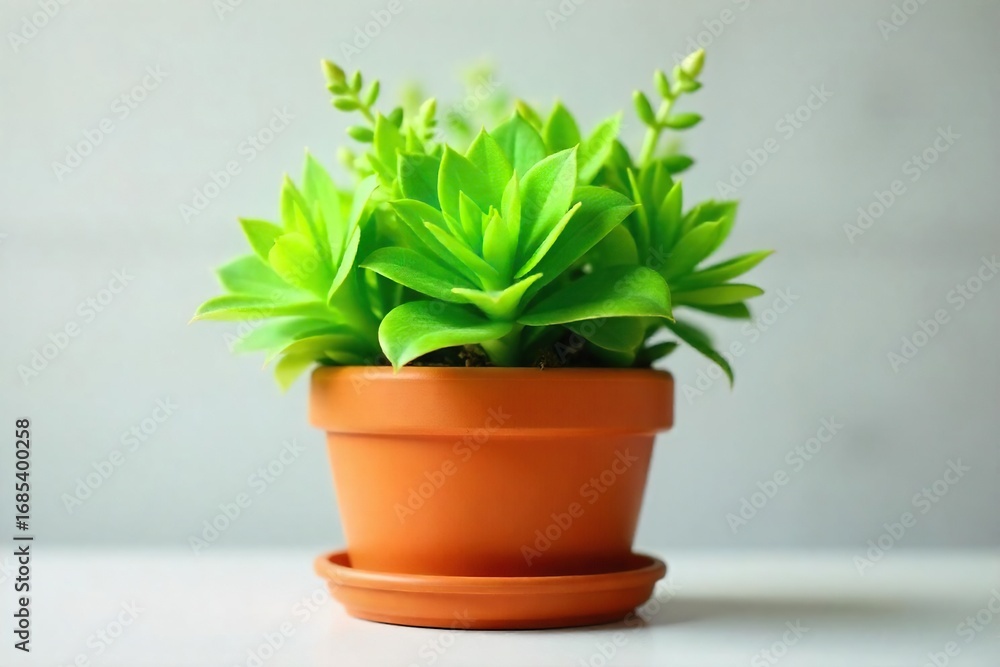 Obraz premium Lush Green Potted Plants in Vibrant Terracotta Pot, Perfect for Spring Home Decor