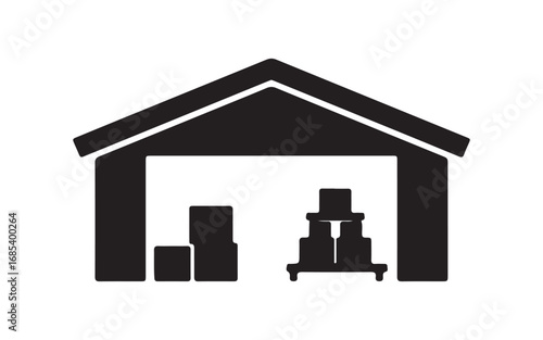 Warehouse icon vector illustration showing storage facility with packages boxes and goods symbolizing logistics and distribution