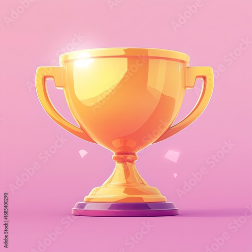 Cartoonish 3D Icon of a Gleaming Golden Trophy Cup on Pink Background