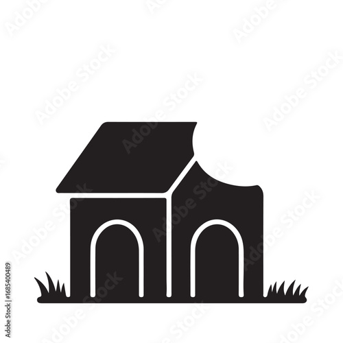 Whimsical dog house illustration with bite mark cute home for pets graphic design element modern icon style on green grass