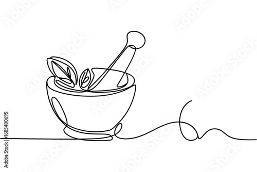Minimalist line art of a mortar and pestle with herbs