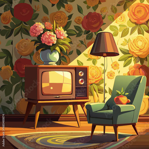 Cozy living room with vintage television and floral wallpaper