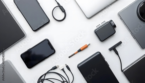 Modern electronic gadgets and accessories arranged artistically on a clean white background