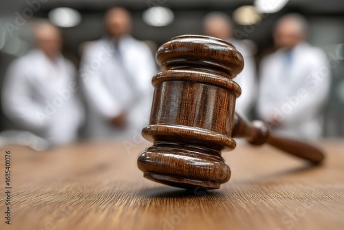 Courtroom gavel rests on wooden table with lawyers in white coats discussing case in the background