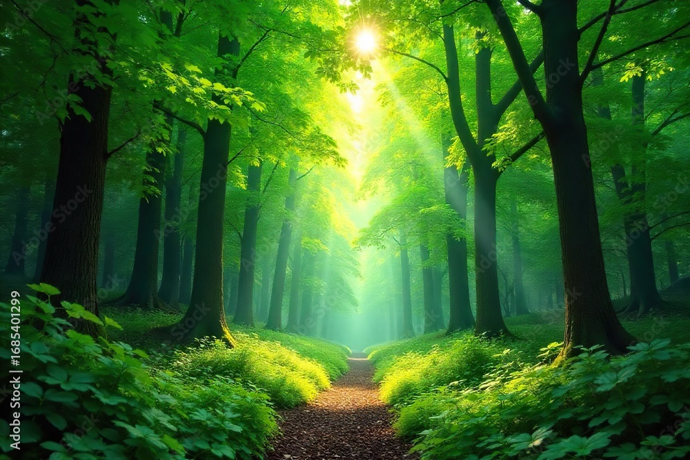 Obraz premium Lush green forest canopy, dappled sunlight filtering through leaves, creating a vibrant, tranquil scene Perfect for nature, ecology, environmental, and travel themes , rich, lush