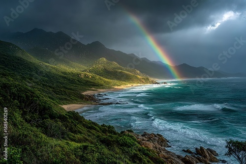 Colorful rainbow arcs over a serene coastal landscape during a stormy day in a remote area