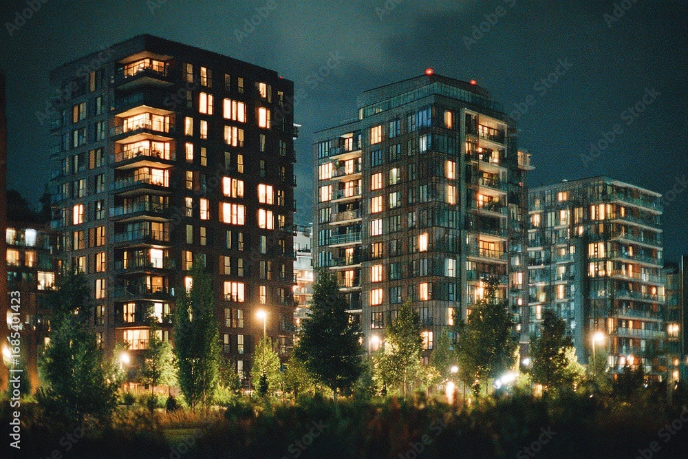 Obraz premium Urban apartment buildings illuminated at night with glowing windows and greenery in the foreground