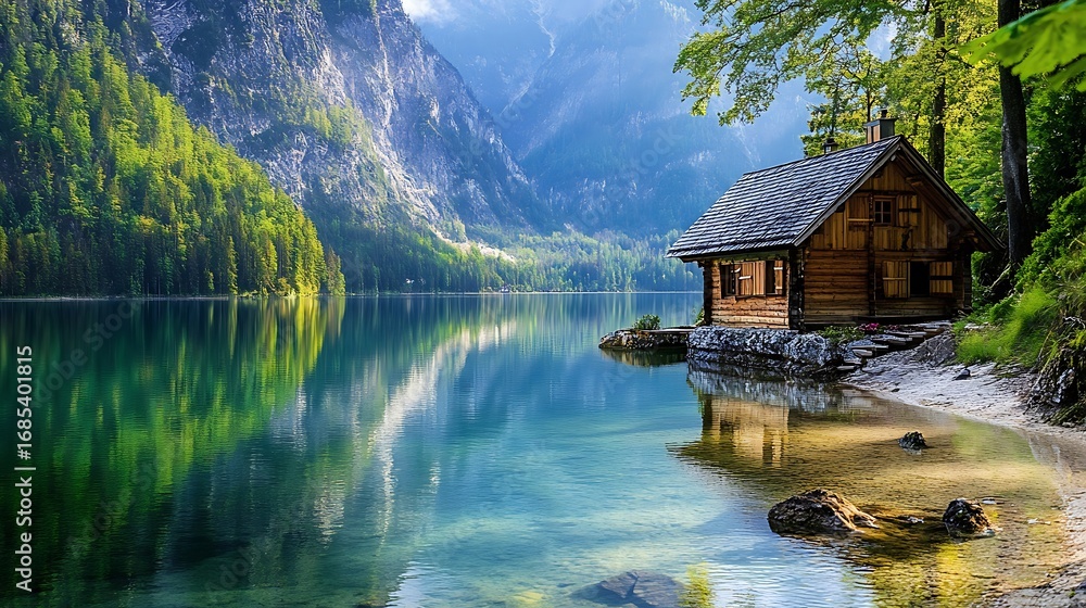 Fototapeta premium Cabin lake mountain landscape scenic nature travel destination tourism adventure vacation retreat getaway 100