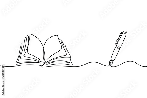 Continuous line drawing of an open book and a pen