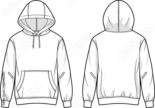 Classic hoodie technical fashion sketch, front and back view, detailed pullover vector, drawstring hood, kangaroo pocket, ribbed cuffs, waistband