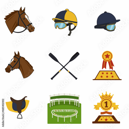 Collection of Horse Racing and Equestrian Sport Icons: Equipment, Awards, and Track Elements for Competition and Victory