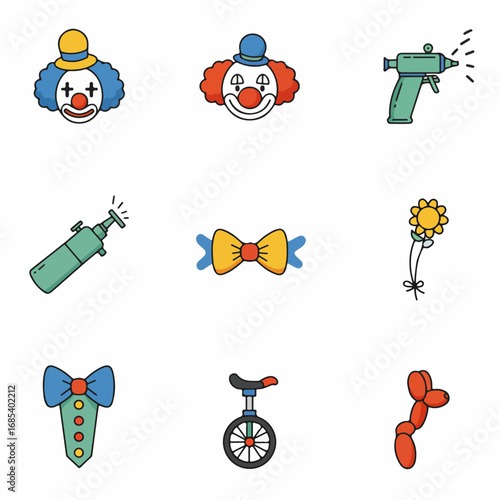 Vibrant Cartoon Icons of Clowns, Circus Props, and Prank Items
