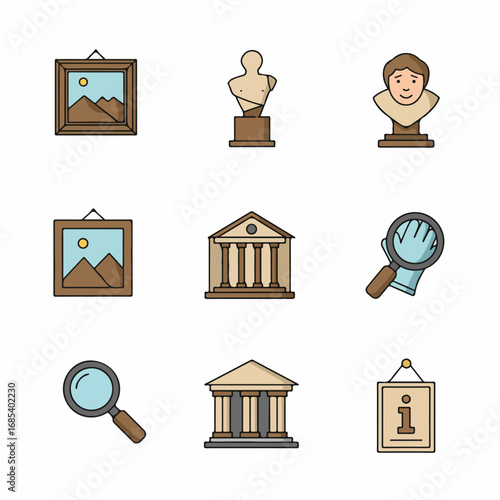 Collection of Museum, Art, and History Icons: Paintings, Sculptures, Buildings, Magnifying Glass, and Information Signs.