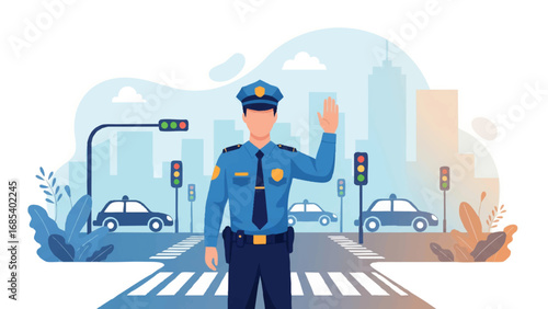police officer in blue uniform and cap, standing at a crossroad