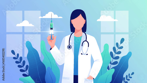 doctor wearing a white coat and stethoscope, standing and holding a syringe, preparing to give an injection to a patient