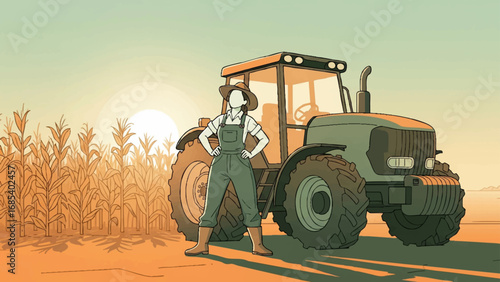 Modern Farmer with Tractor in Cornfield