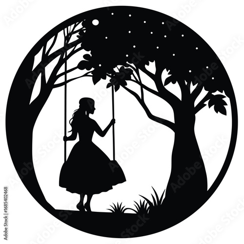 Adobe IllustrSummer vacation. Young woman sit on tree rope swing on high cliff above tropical lake. Happy girl looking at amazing jungle view. Bunya lake is popular travel destinations in Artwork
