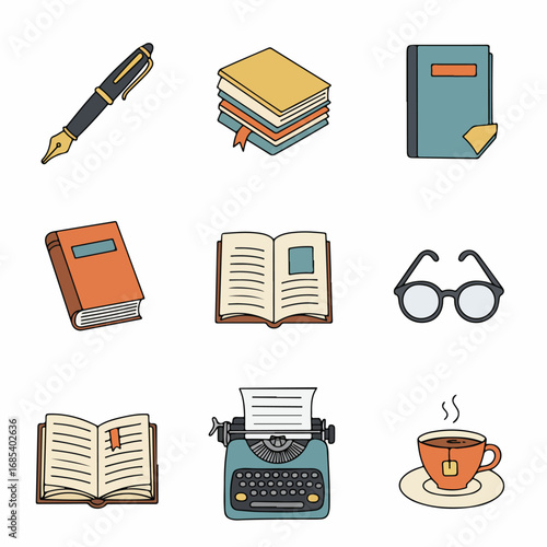 Hand-drawn vector icons: books, pen, typewriter, glasses, and tea, representing themes of literature, education, and knowledge.