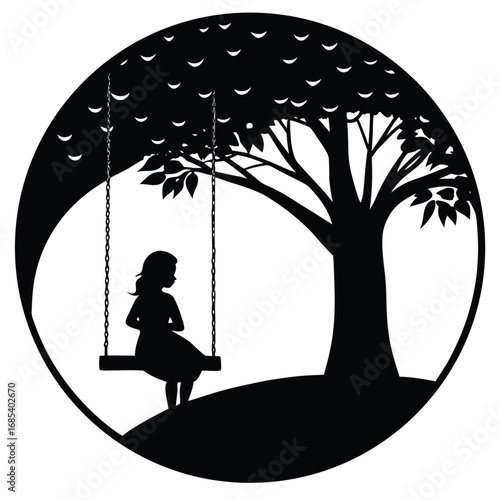 Adobe IllustrSummer vacation. Young woman sit on tree rope swing on high cliff above tropical lake. Happy girl looking at amazing jungle view. Bunya lake is popular travel destinations in Artwork