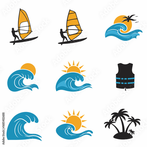 Collection of vibrant vector icons depicting summer beach activities: windsurfing, ocean waves with sun, palm trees, and a life jacket, perfect for water sports and travel themes.