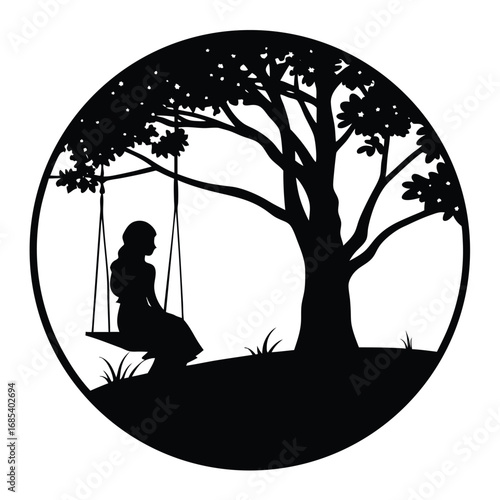 Adobe IllustrSummer vacation. Young woman sit on tree rope swing on high cliff above tropical lake. Happy girl looking at amazing jungle view. Bunya lake is popular travel destinations in Artwork