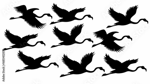 Silhouette of nine flamingos in flight with wings spread against a white background in a seamless pattern