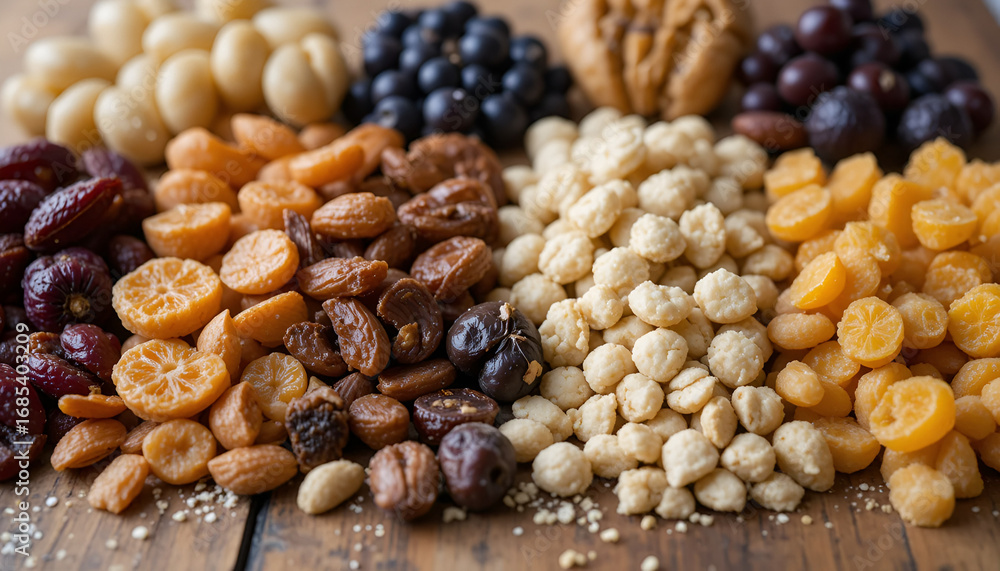 Fototapeta premium Discover a vibrant medley of healthy dried fruits and nuts, perfect for snacking, baking, or creating delicious energy bites and trail mixes.