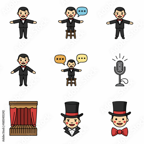 Cartoon icons featuring performers, speakers, and stage elements like a tuxedo-clad man, microphone, and theater stage, ideal for event and presentation themes.