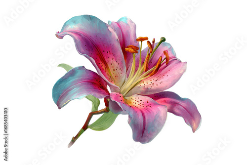 Lily flower a beautiful pink and blue flower with a green stem. The flower is the main focus of the image and it is the most prominent object