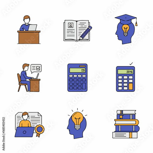 Education and Learning Icons Set: Featuring Study, Knowledge, Ideas, Finance, and Achievement for Academic and Professional Development