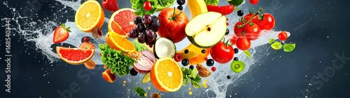 Variety of colorful fruits and vegetables splashing with water on dark background, promoting healthy eating and lifestyle.