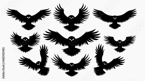 Silhouette illustration of multiple owls in flight with wings spread on a white background design element