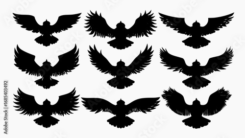 Nine black silhouette birds with spread wings arranged in a three by three grid on white background