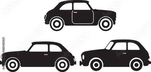 Three vintage car silhouettes in black and white