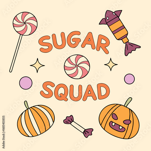 Playful halloween sugar squad vector design with candy pumpkins and lollipops vector