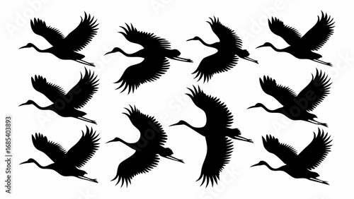 Silhouette depiction of twelve cranes in flight with wings spread against a white background image art