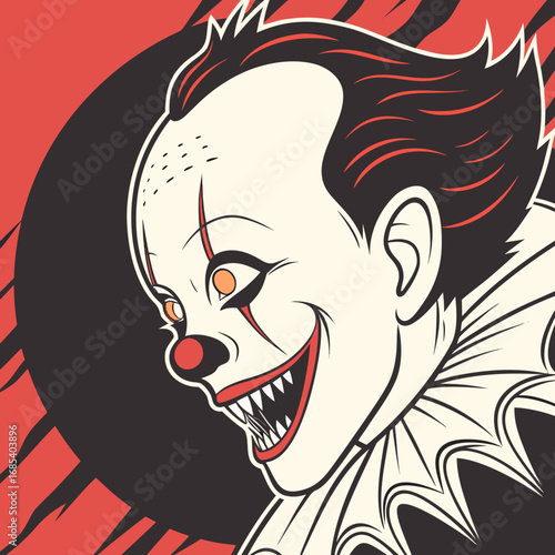 Terrifying halloween clown face with glowing red eyes and spooky grin vector illustration vector